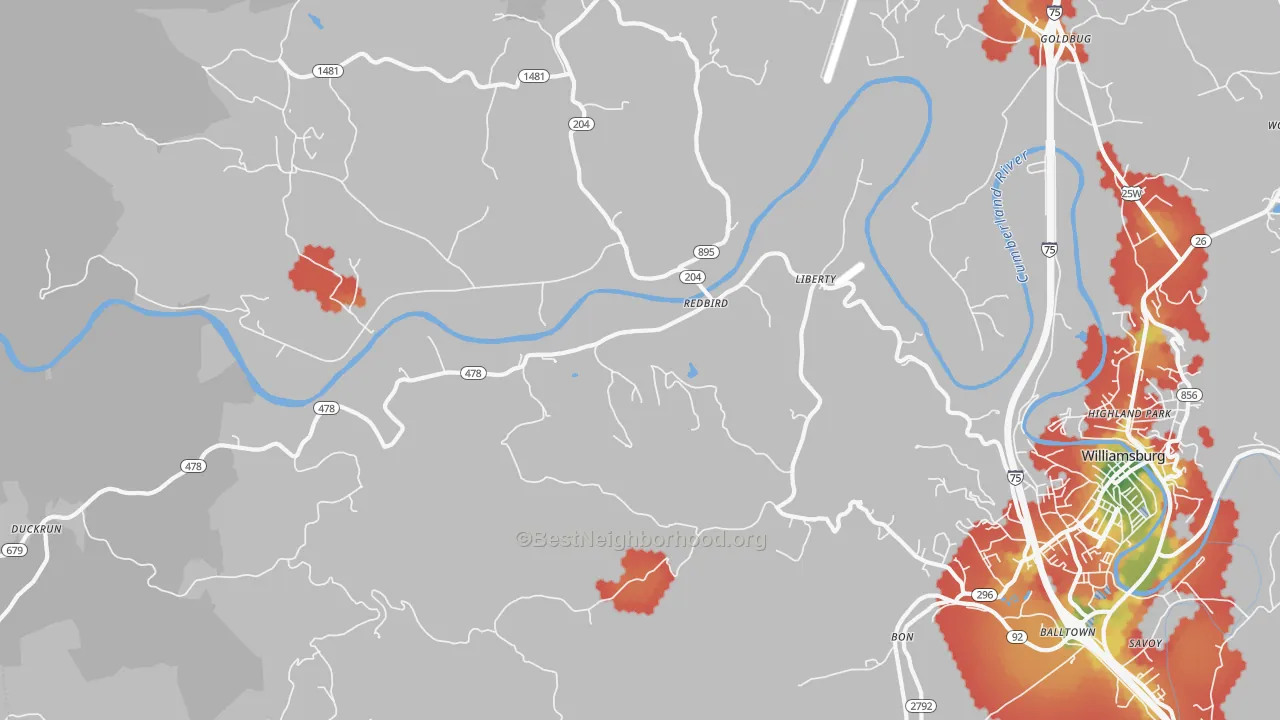 Walk Grade map of Redbird, KY, walkable areas in green and car-dependent areas in red