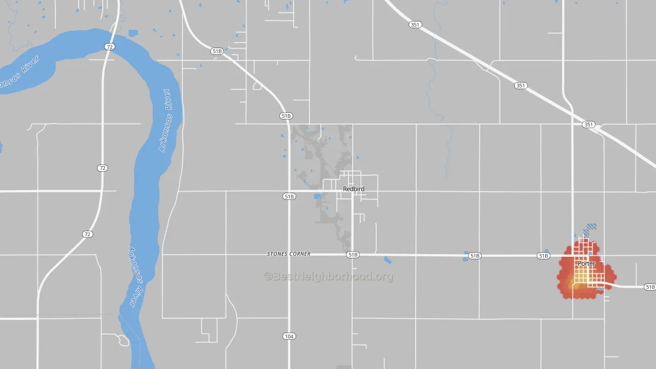 Walk Grade map of Redbird, OK, walkable areas in green and car-dependent areas in red