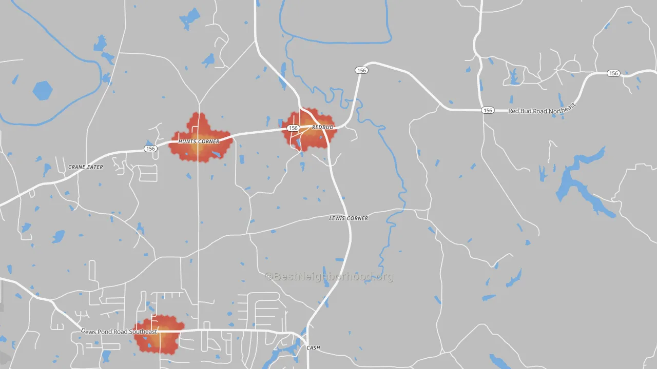 Walk Grade map of Redbud, GA, walkable areas in green and car-dependent areas in red