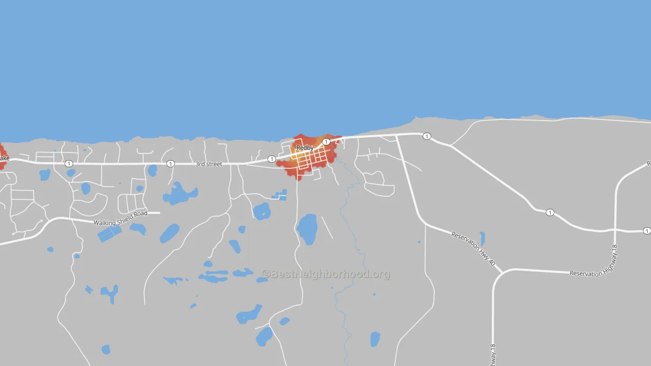 Walk Grade map of Redby, MN, walkable areas in green and car-dependent areas in red