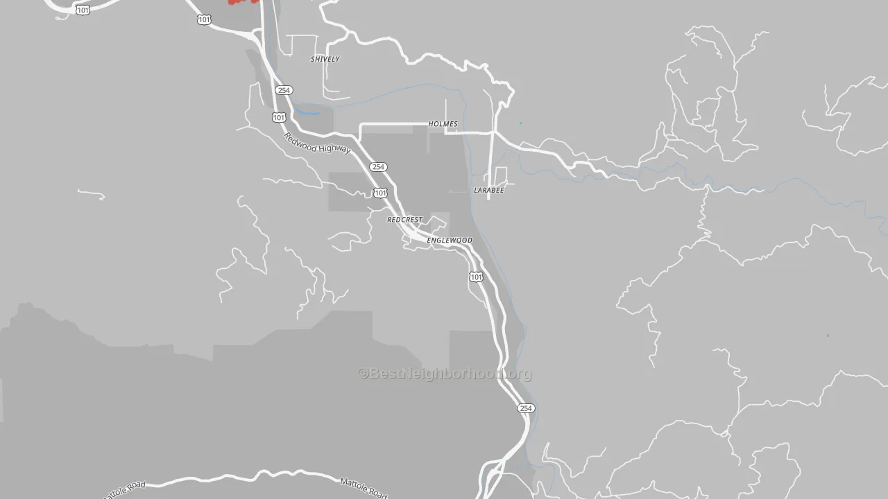 Walk Grade map of Redcrest, CA, walkable areas in green and car-dependent areas in red