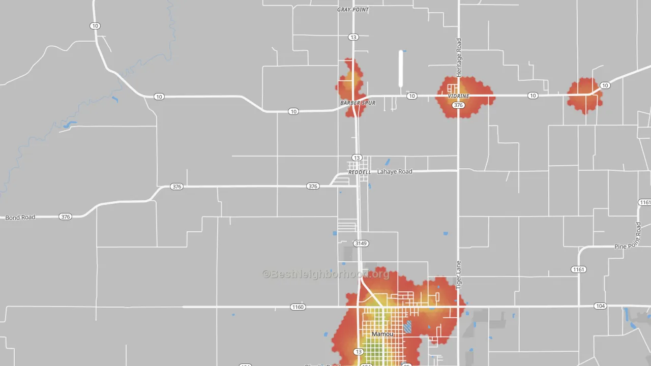 Walk Grade map of Reddell, LA, walkable areas in green and car-dependent areas in red