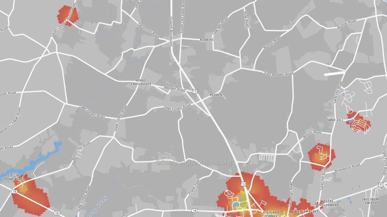 Walk Grade map of Redden, DE, walkable areas in green and car-dependent areas in red
