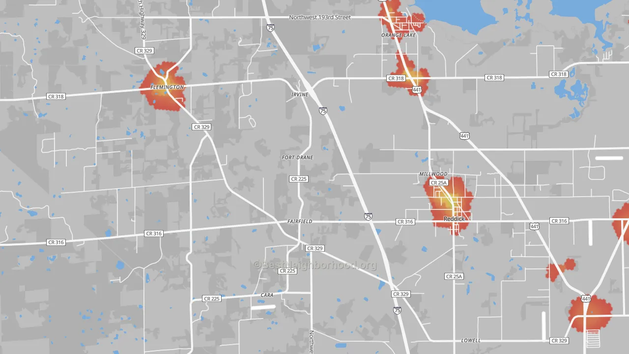 Walk Grade map of Reddick, FL, walkable areas in green and car-dependent areas in red