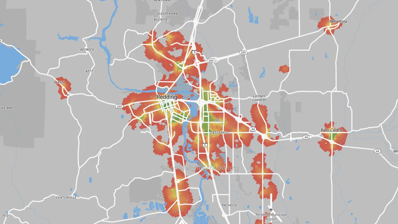 Walk Grade map of Redding, CA, walkable areas in green and car-dependent areas in red
