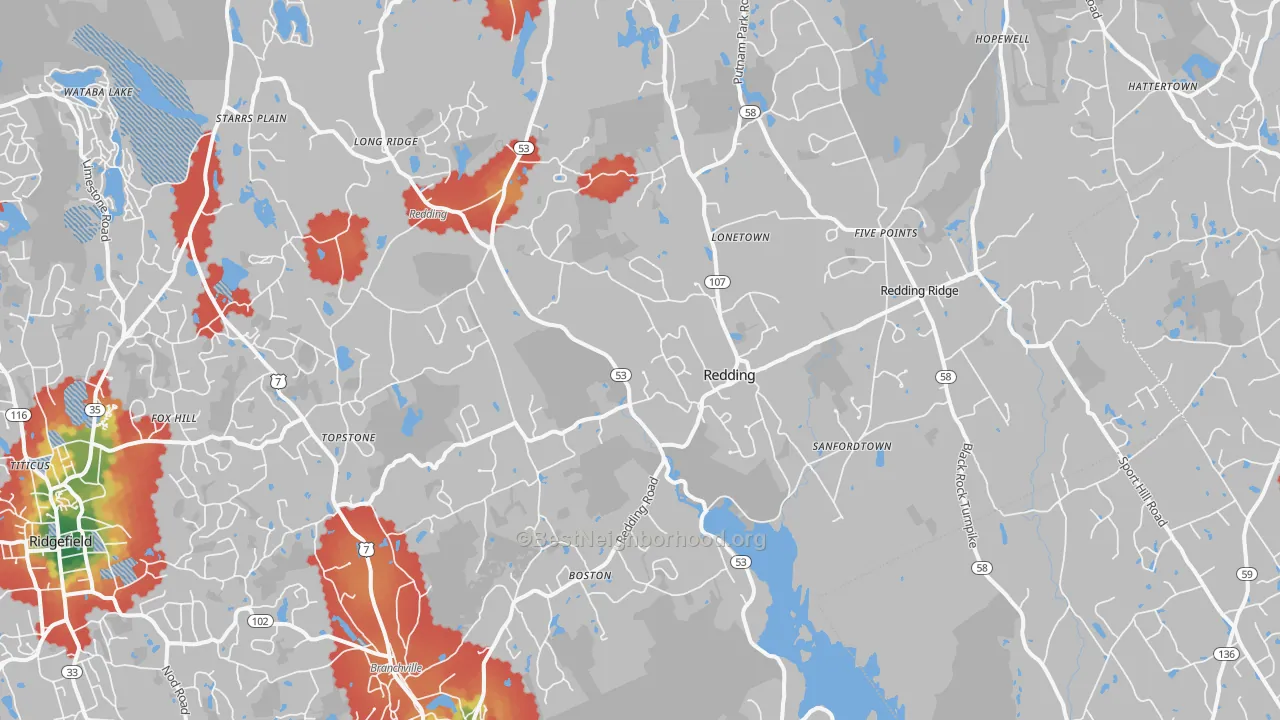 Walk Grade map of Redding, CT, walkable areas in green and car-dependent areas in red