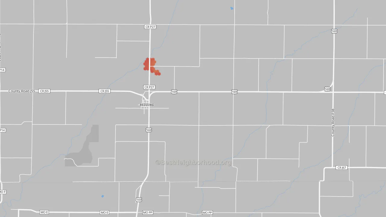 Walk Grade map of Redding, IA, walkable areas in green and car-dependent areas in red