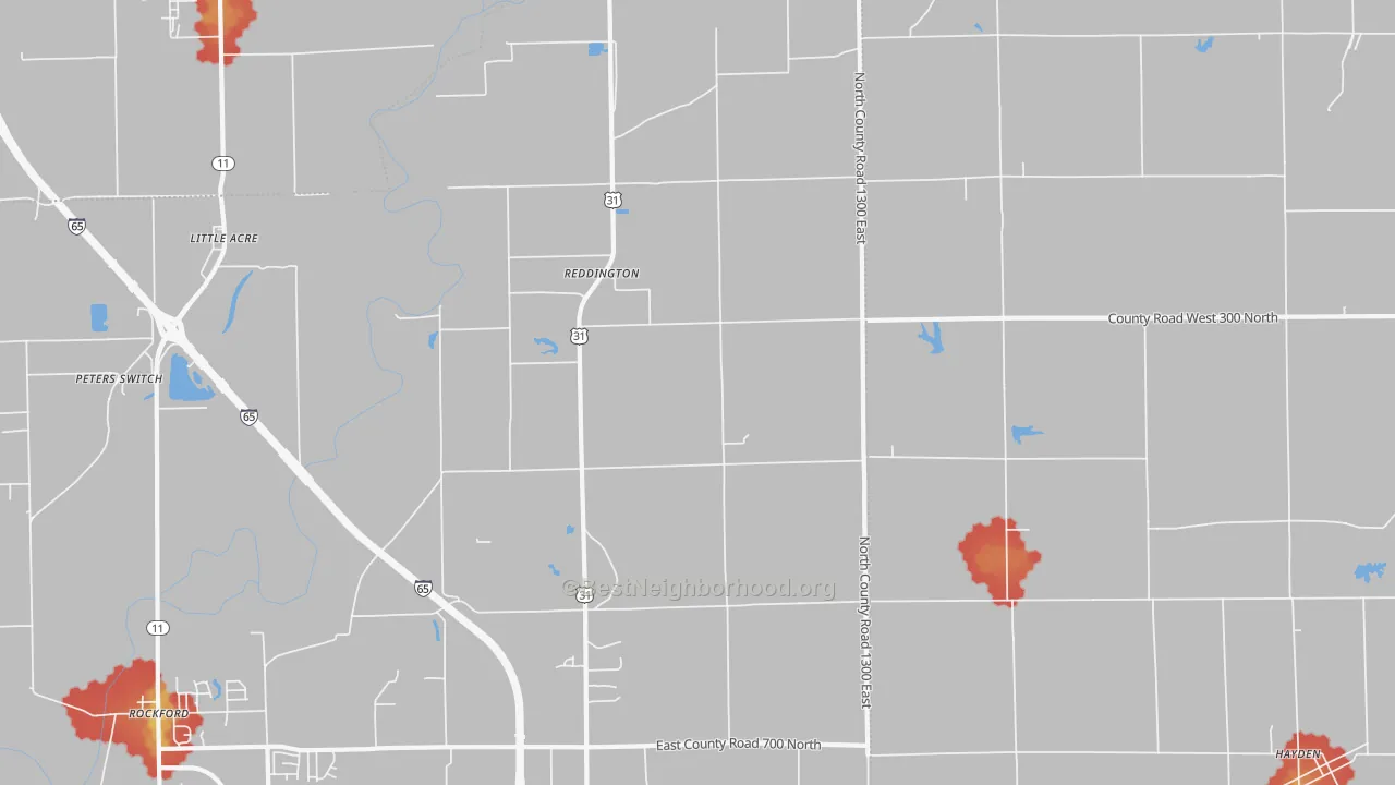 Walk Grade map of Reddington, IN, walkable areas in green and car-dependent areas in red