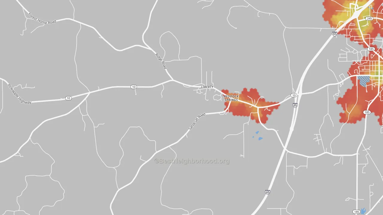 Walk Grade map of Reddock Springs, AL, walkable areas in green and car-dependent areas in red