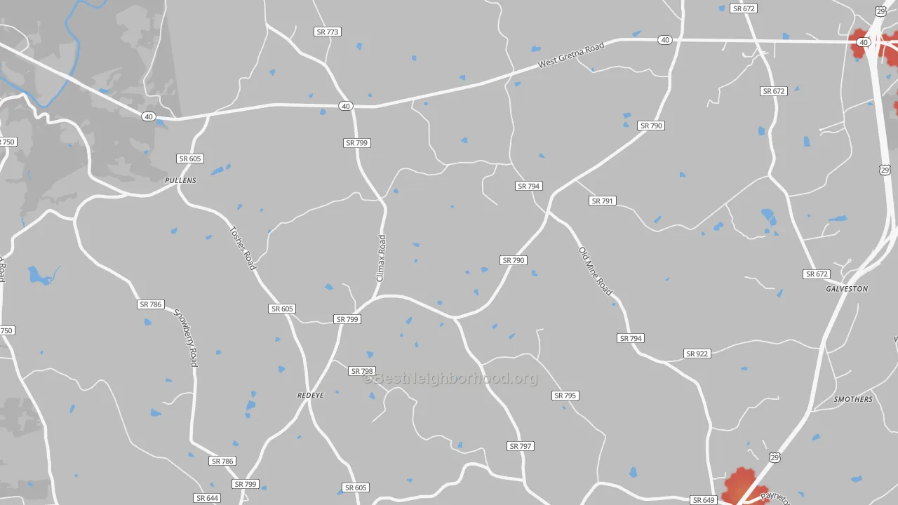 Walk Grade map of Redeye, VA, walkable areas in green and car-dependent areas in red