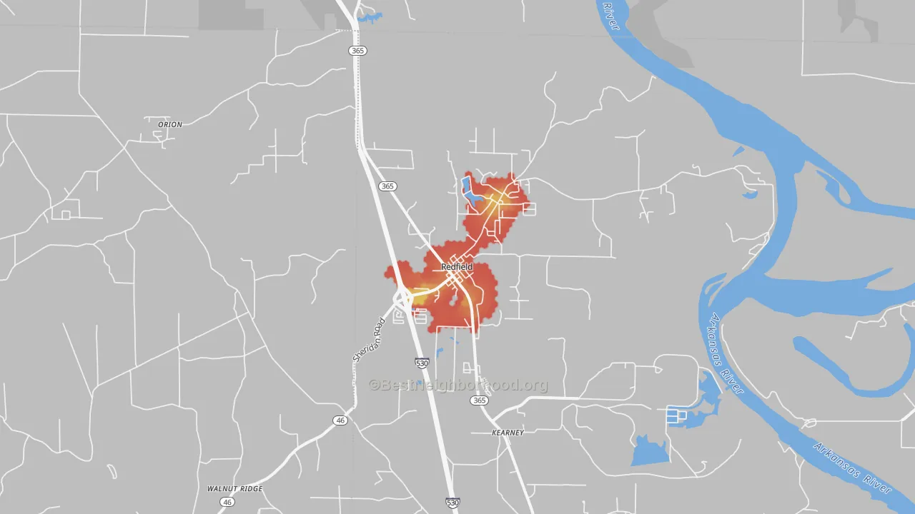 Walk Grade map of Redfield, AR, walkable areas in green and car-dependent areas in red