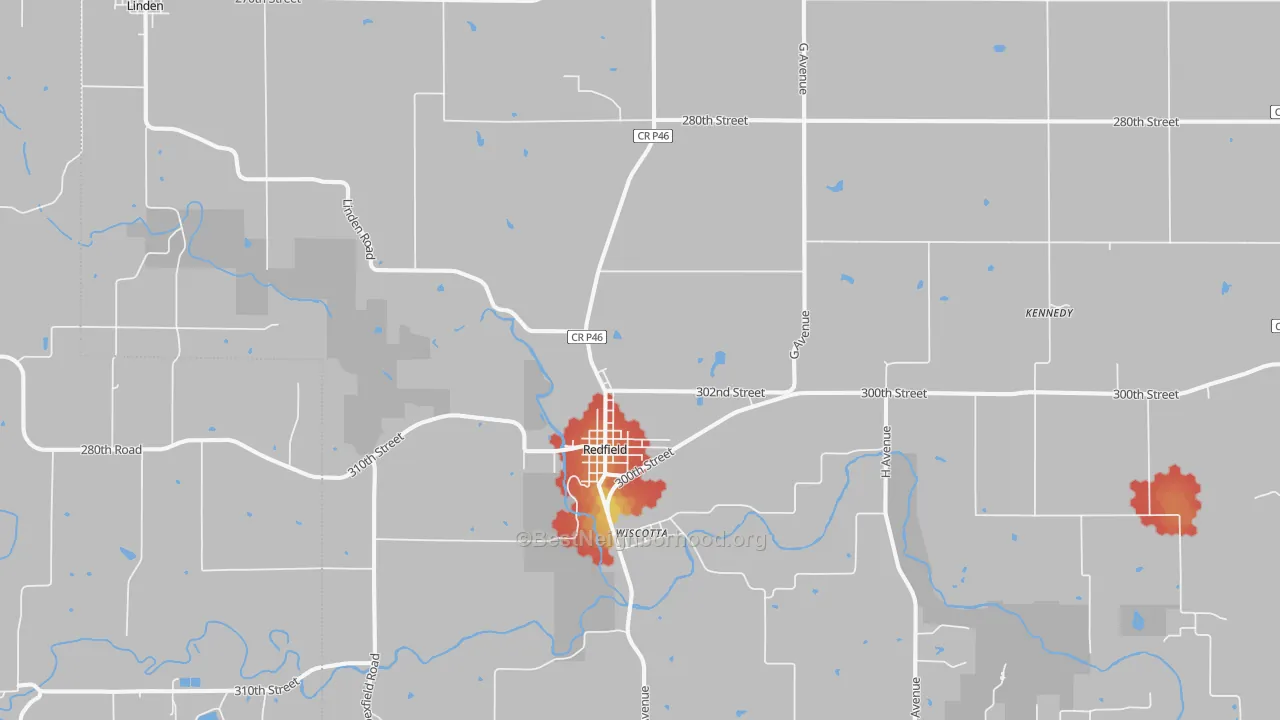 Walk Grade map of Redfield, IA, walkable areas in green and car-dependent areas in red
