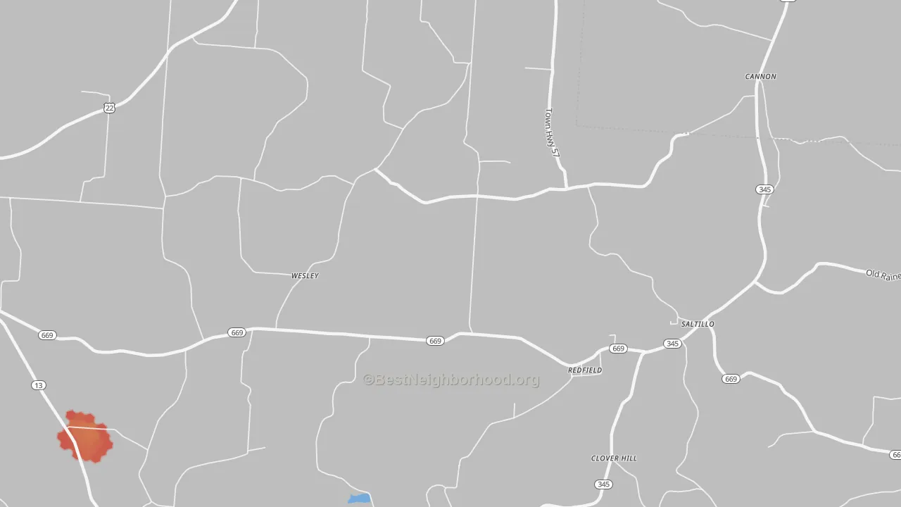 Walk Grade map of Redfield, OH, walkable areas in green and car-dependent areas in red