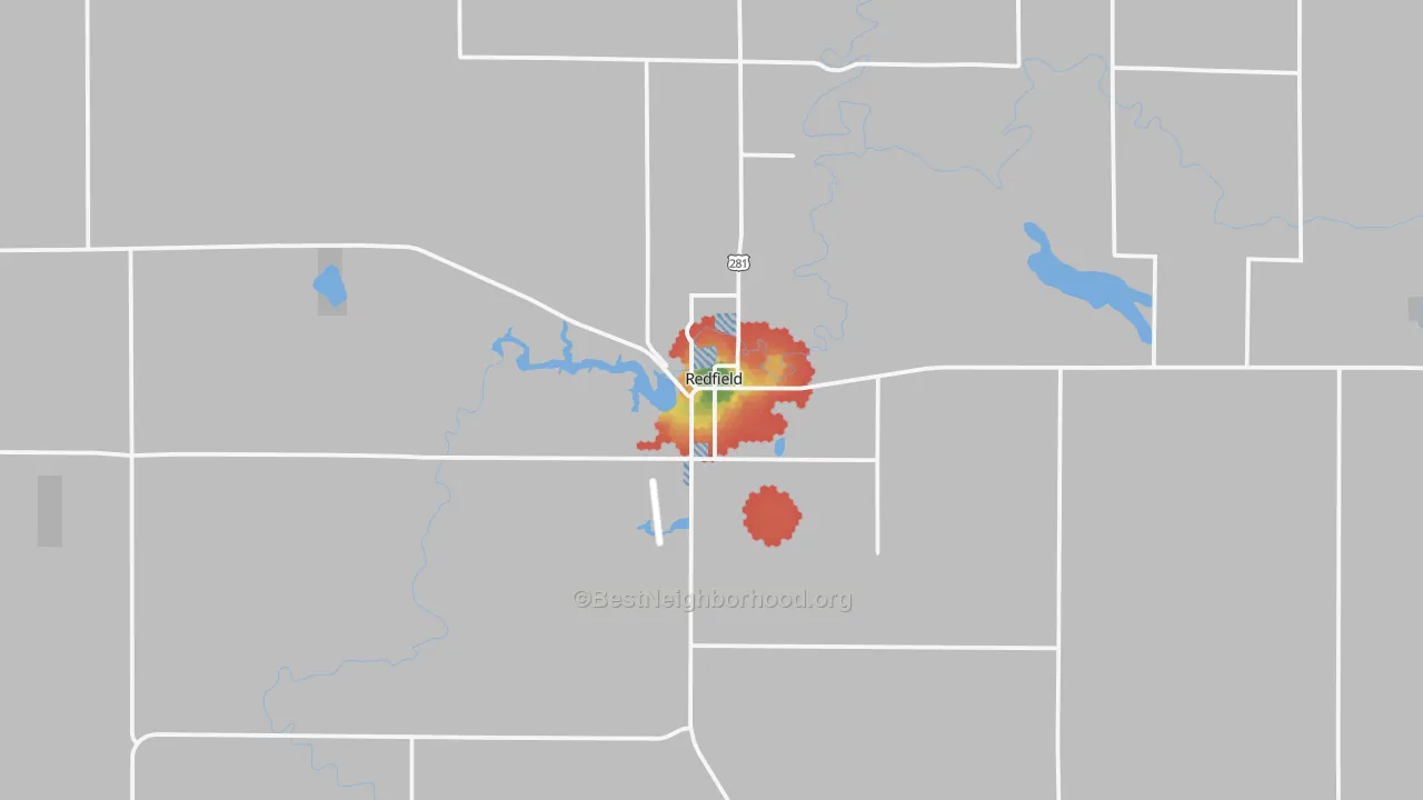 Walk Grade map of Redfield, SD, walkable areas in green and car-dependent areas in red