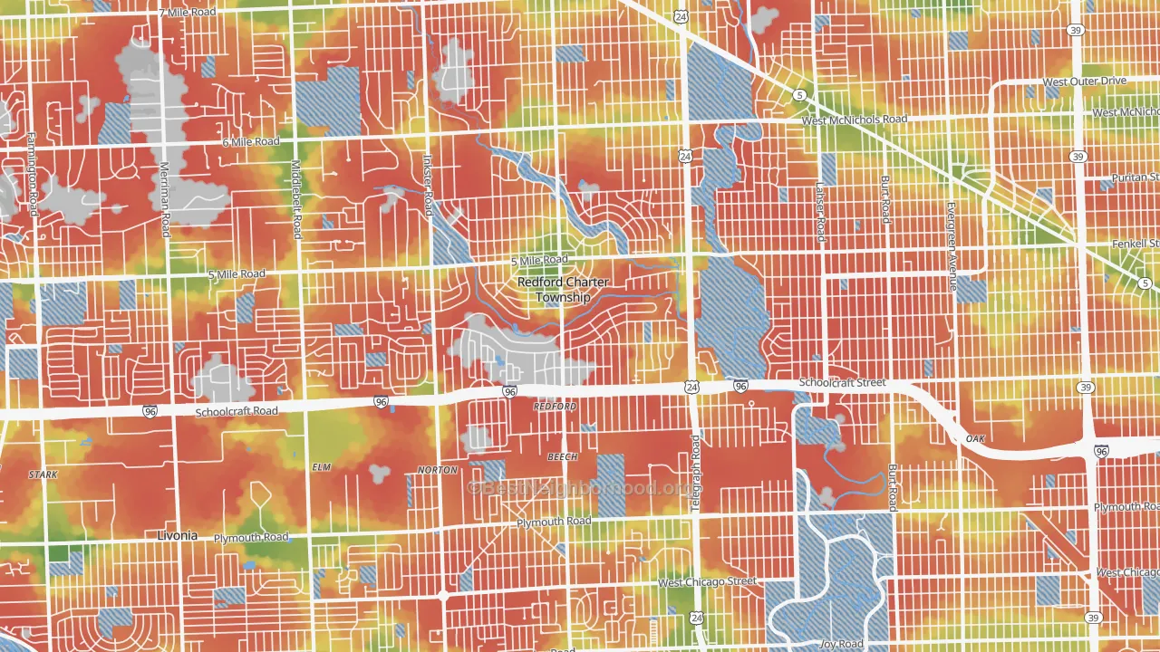 Walk Grade map of Redford, MI, walkable areas in green and car-dependent areas in red