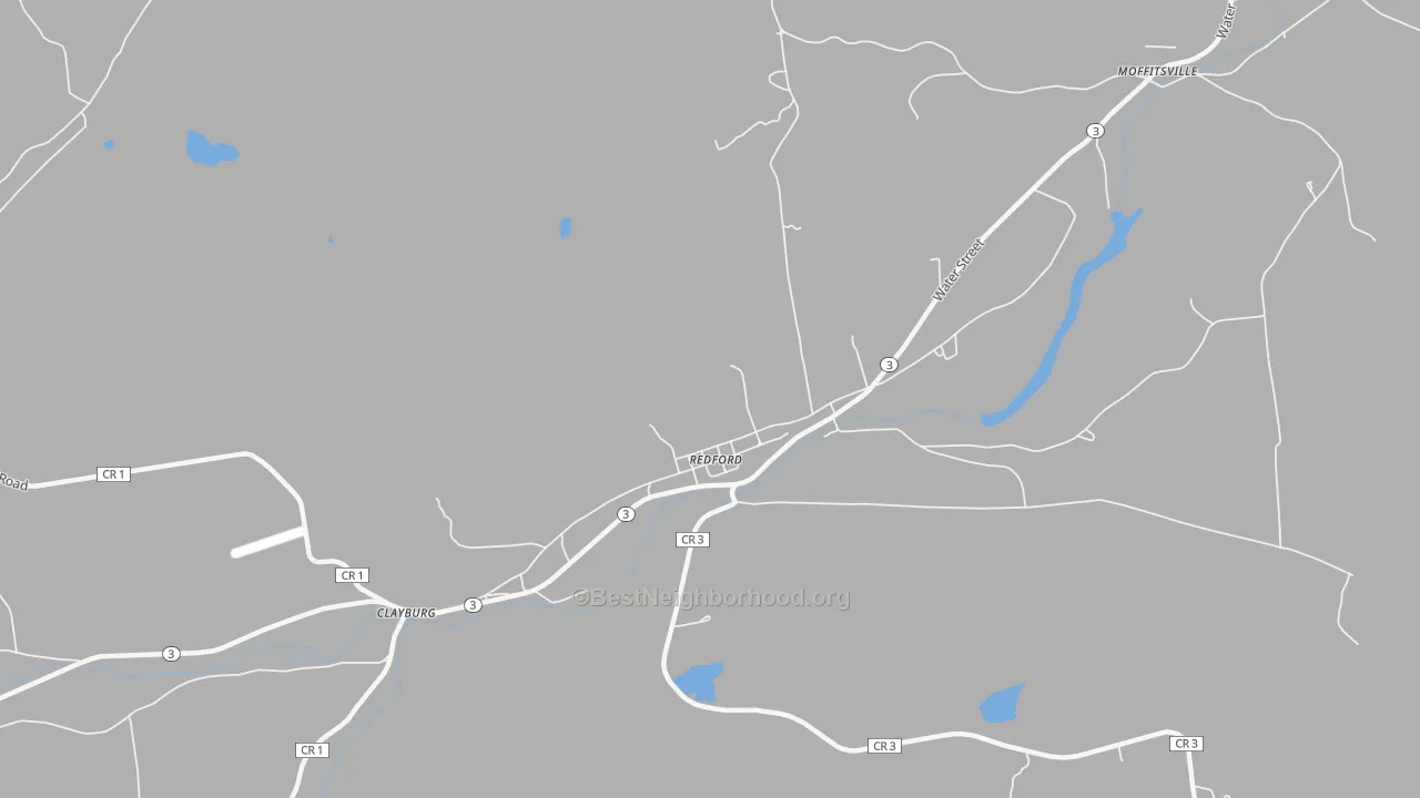 Walk Grade map of Redford, NY, walkable areas in green and car-dependent areas in red