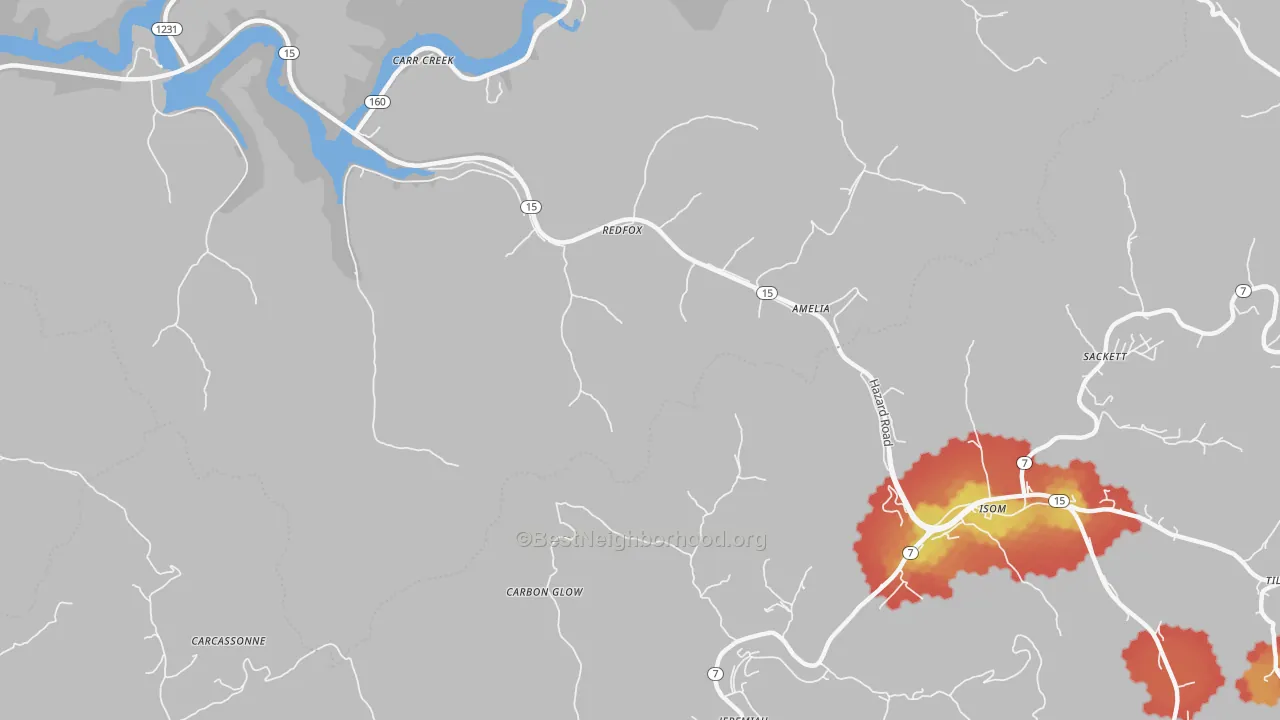 Walk Grade map of Redfox, KY, walkable areas in green and car-dependent areas in red