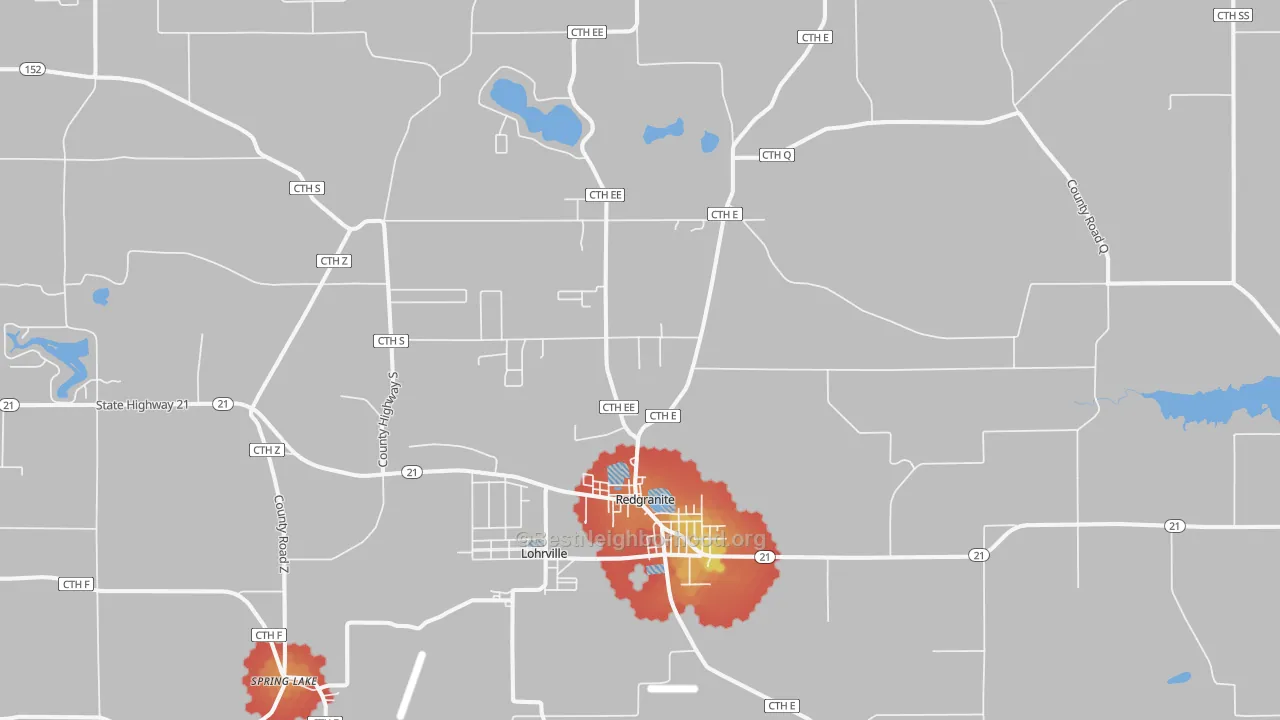 Walk Grade map of Redgranite, WI, walkable areas in green and car-dependent areas in red