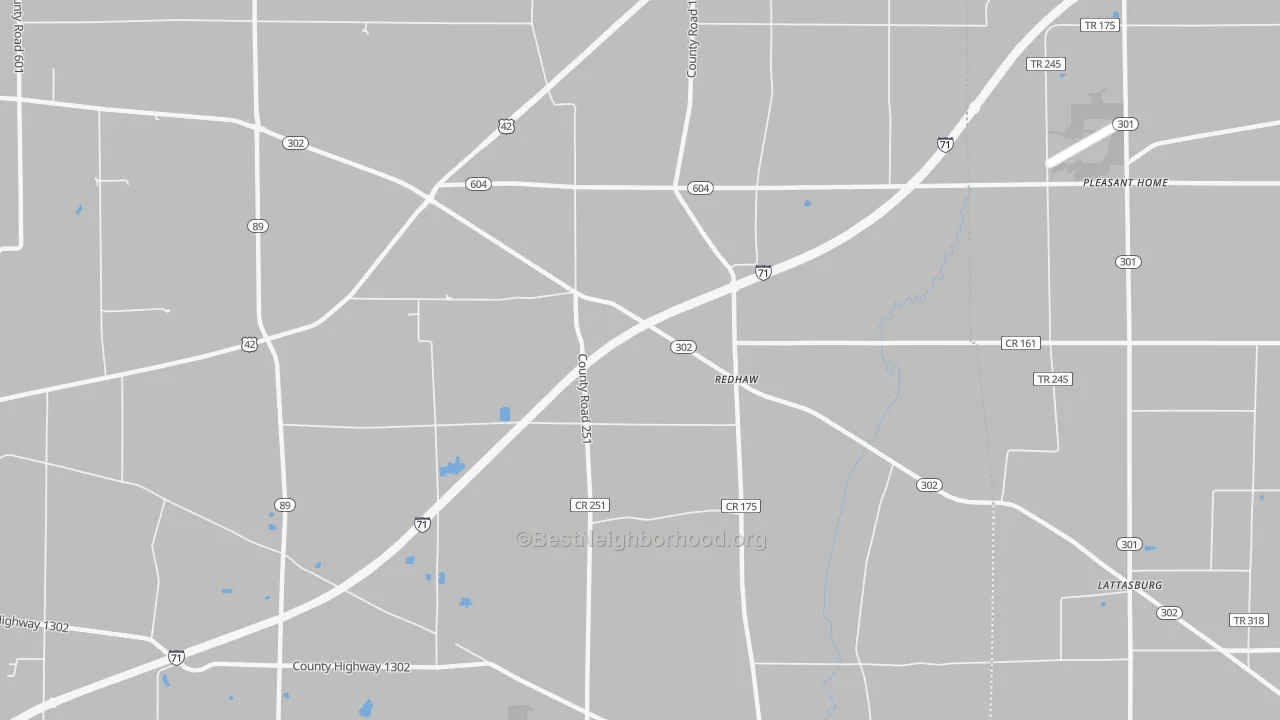 Walk Grade map of Redhaw, OH, walkable areas in green and car-dependent areas in red