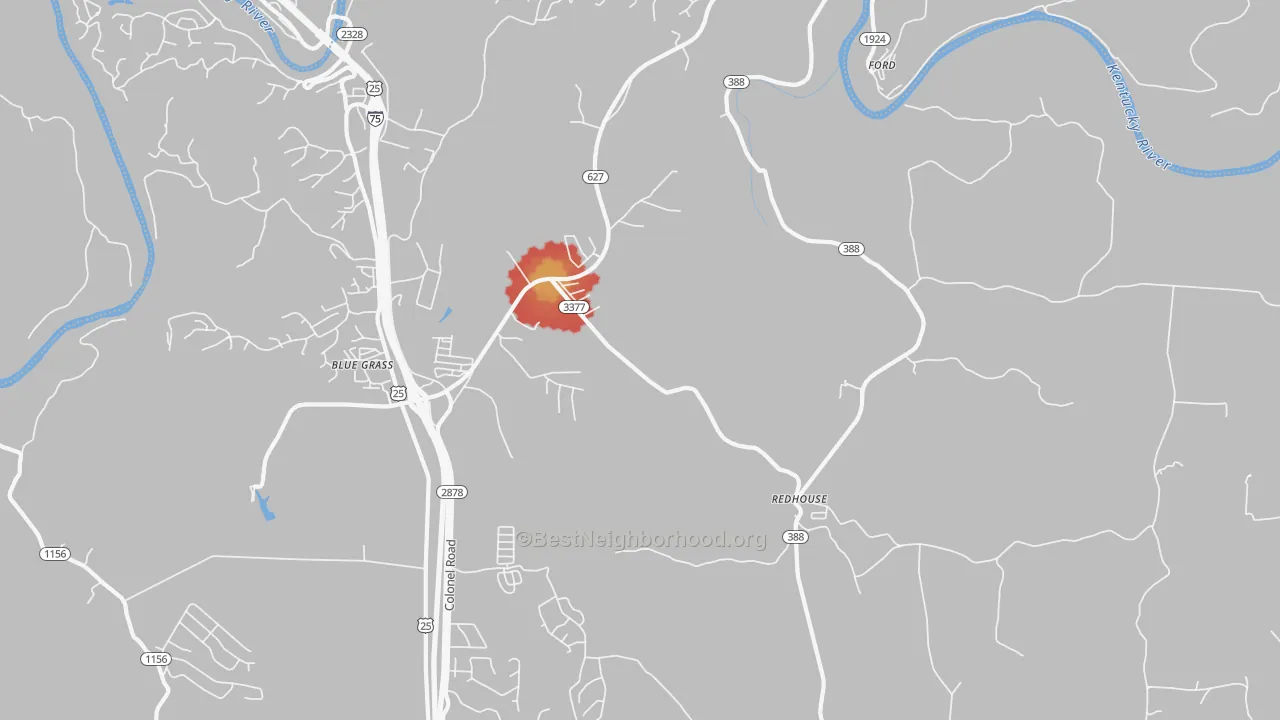 Walk Grade map of Redhouse, KY, walkable areas in green and car-dependent areas in red