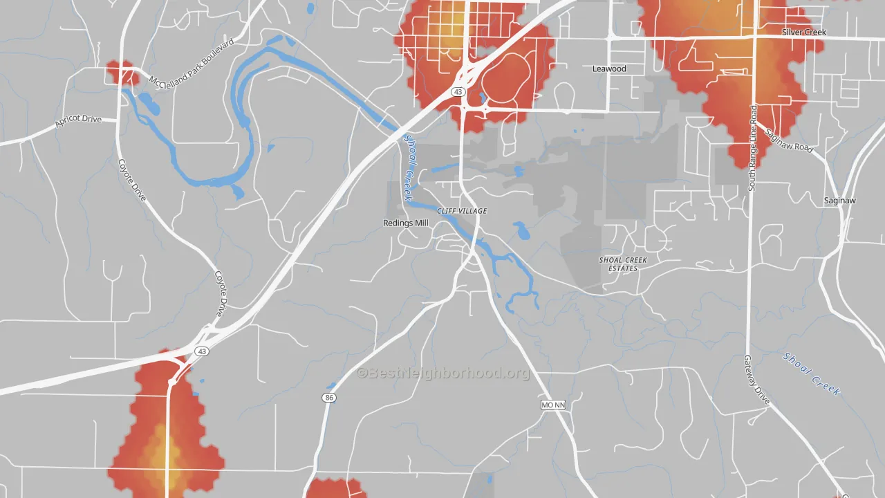 Walk Grade map of Redings Mill, MO, walkable areas in green and car-dependent areas in red