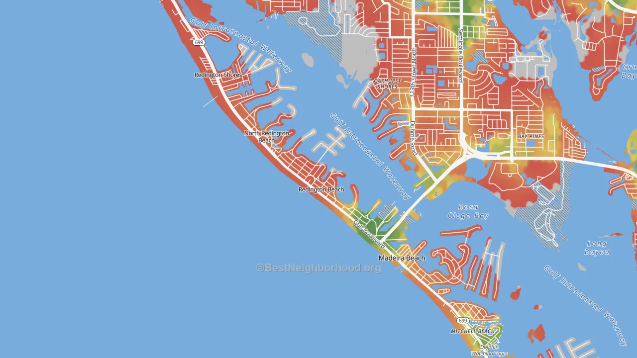 Walk Grade map of Redington Beach, FL, walkable areas in green and car-dependent areas in red