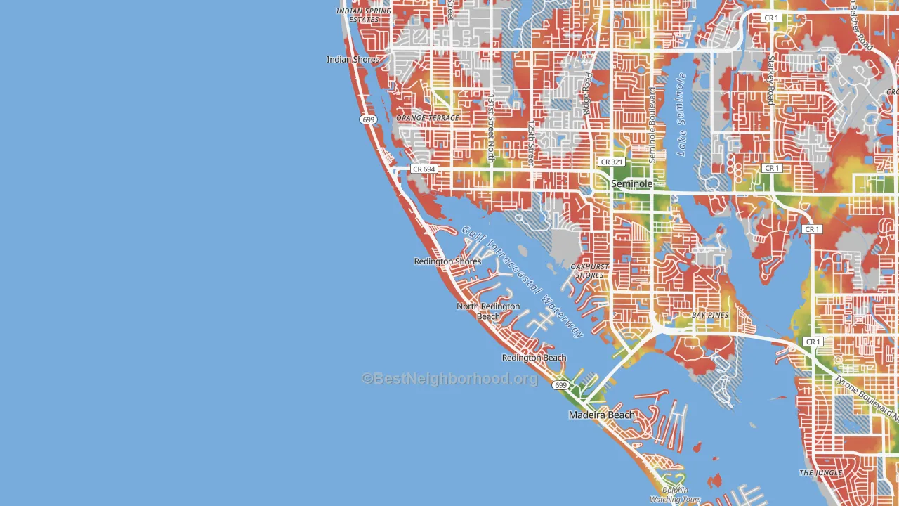Walk Grade map of Redington Shores, FL, walkable areas in green and car-dependent areas in red