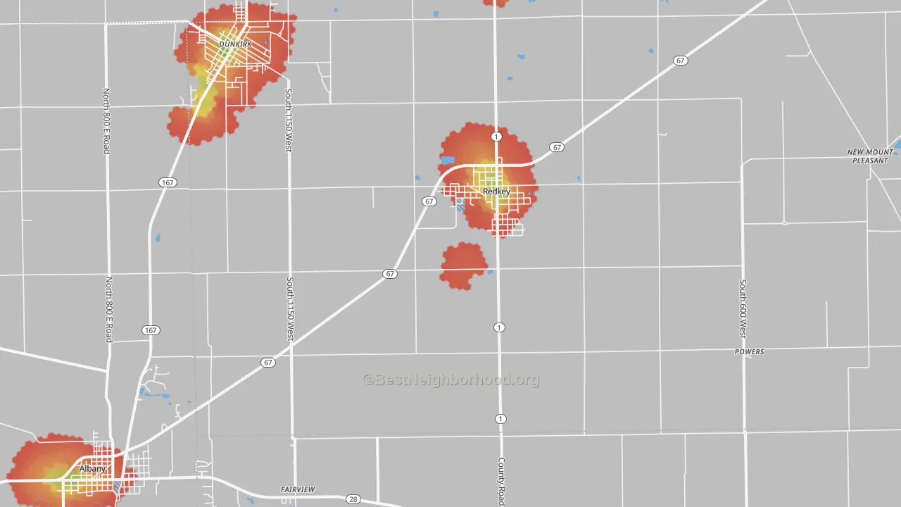 Walk Grade map of Redkey, IN, walkable areas in green and car-dependent areas in red