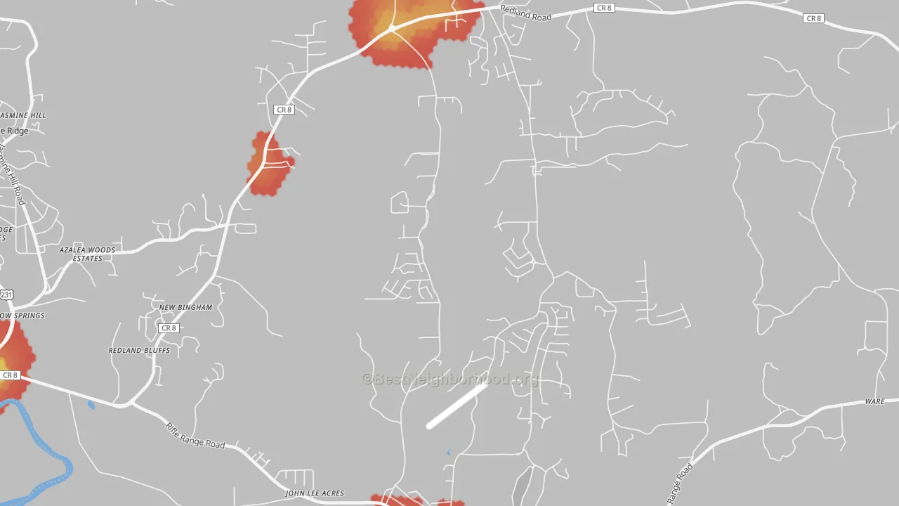 Walk Grade map of Redland, AL, walkable areas in green and car-dependent areas in red