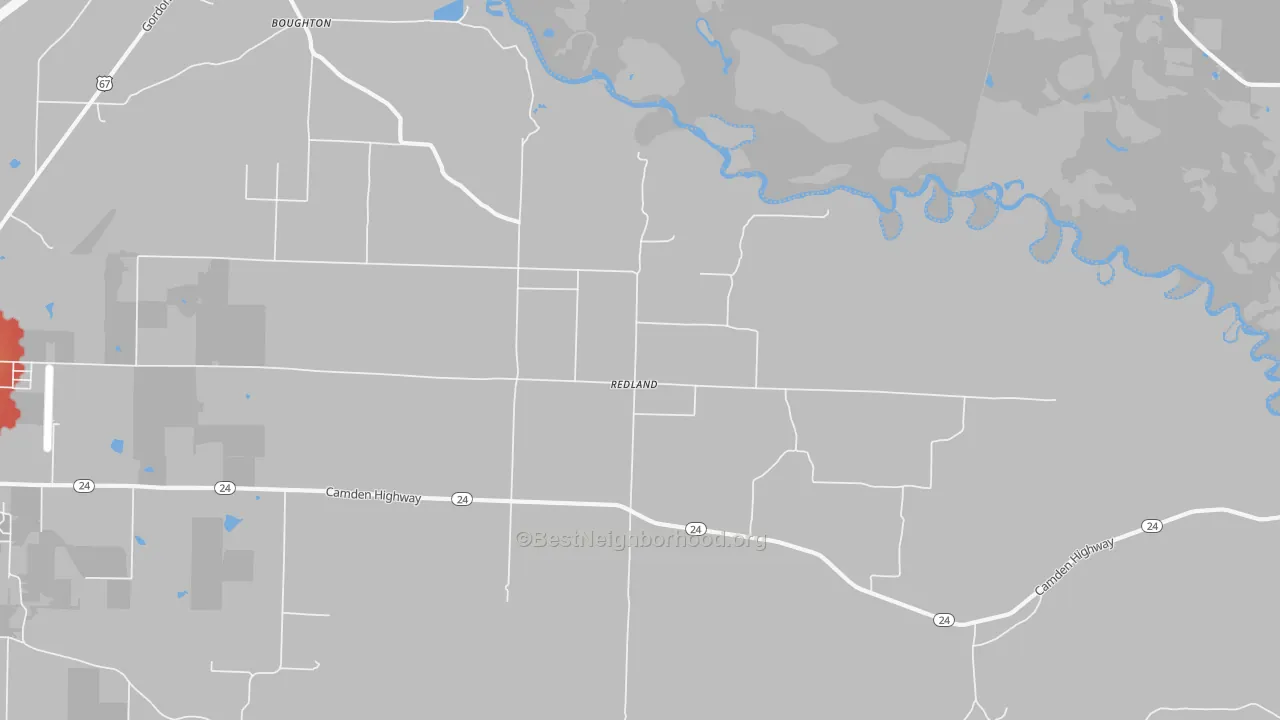 Walk Grade map of Redland, AR, walkable areas in green and car-dependent areas in red