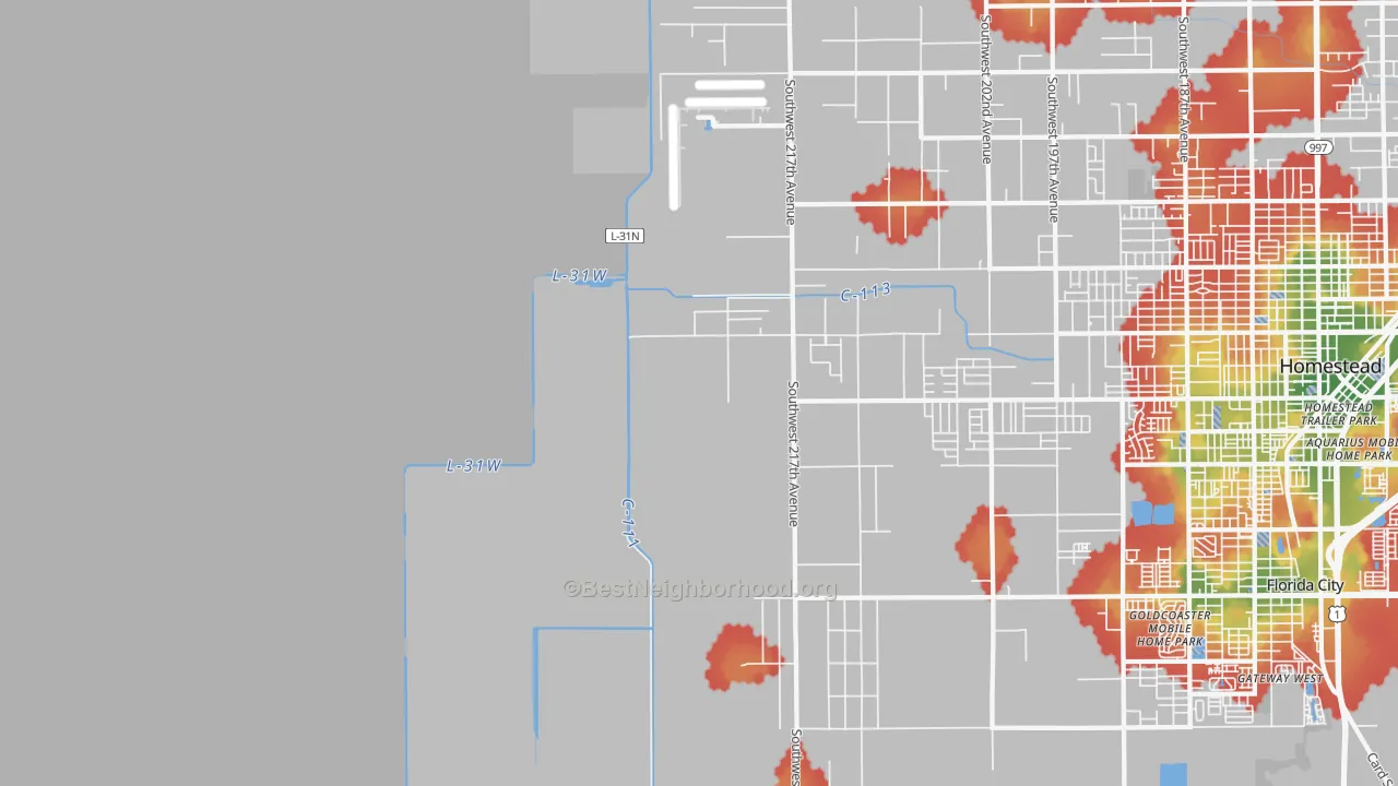 Walk Grade map of Redland, FL, walkable areas in green and car-dependent areas in red