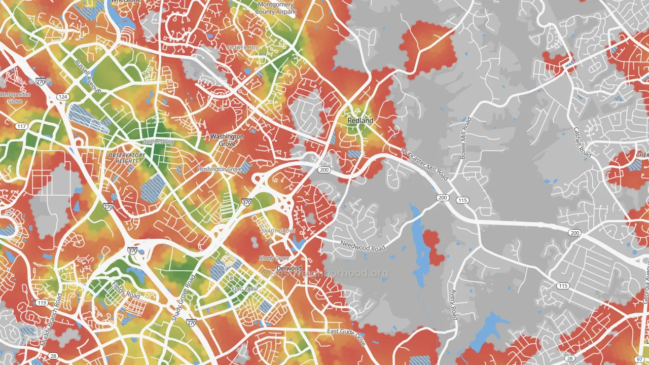 Walk Grade map of Redland, MD, walkable areas in green and car-dependent areas in red