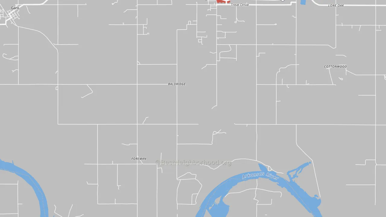 Walk Grade map of Redland, OK, walkable areas in green and car-dependent areas in red