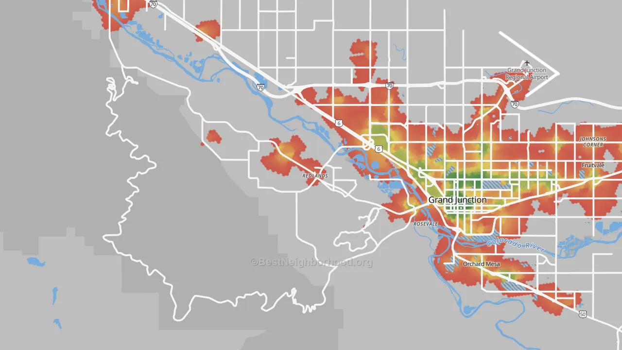 Walk Grade map of Redlands, CO, walkable areas in green and car-dependent areas in red