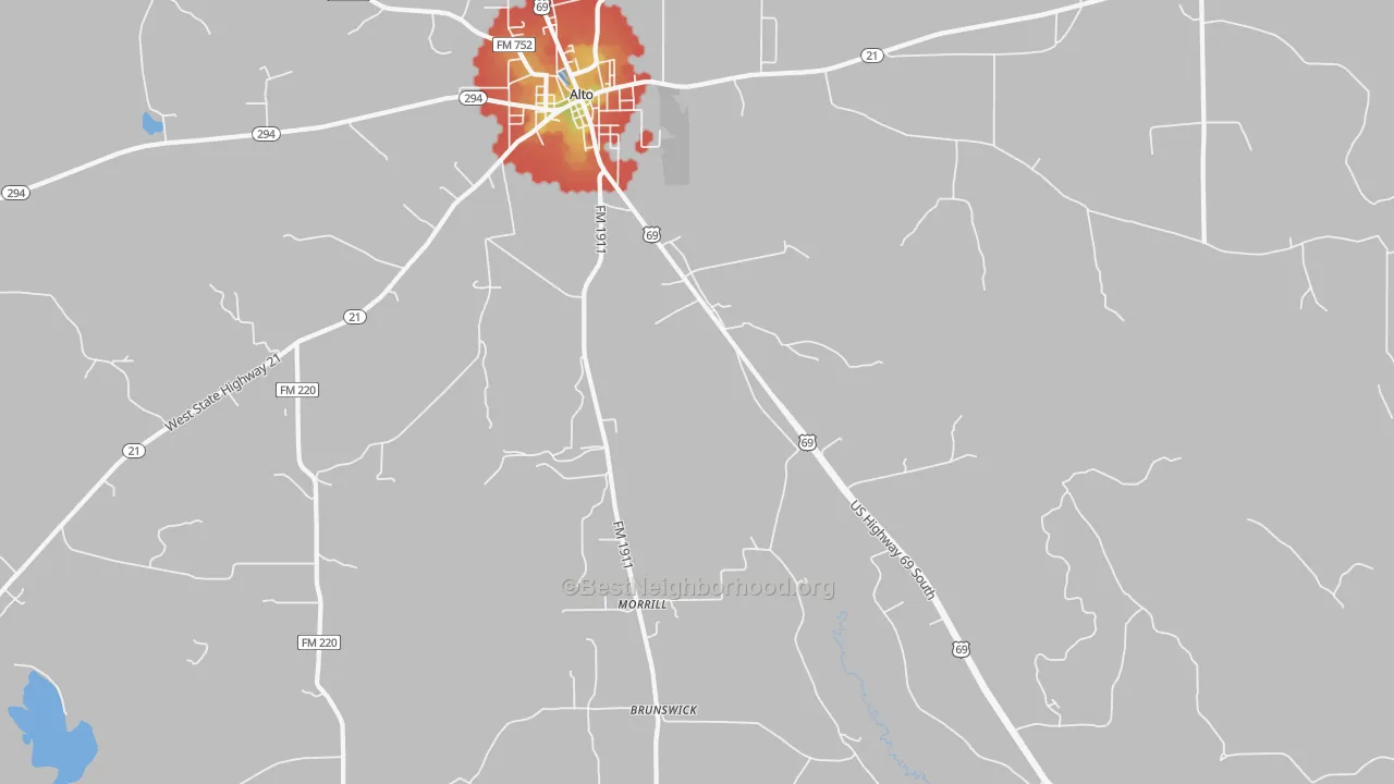 Walk Grade map of Redlawn, TX, walkable areas in green and car-dependent areas in red