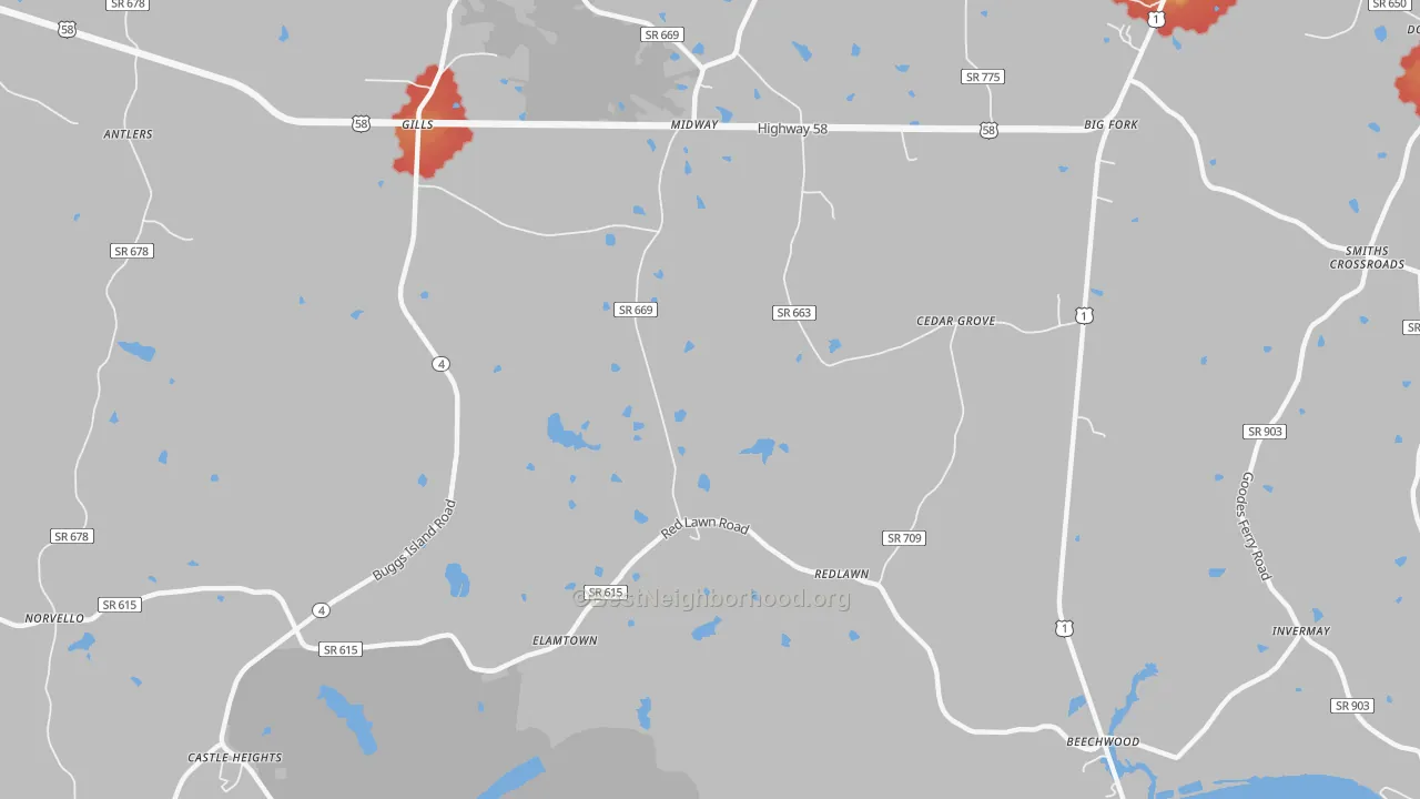 Walk Grade map of Redlawn, VA, walkable areas in green and car-dependent areas in red