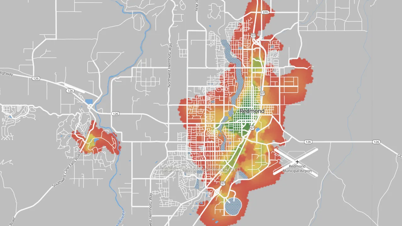 Walk Grade map of Redmond, OR, walkable areas in green and car-dependent areas in red