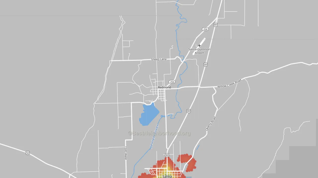 Walk Grade map of Redmond, UT, walkable areas in green and car-dependent areas in red