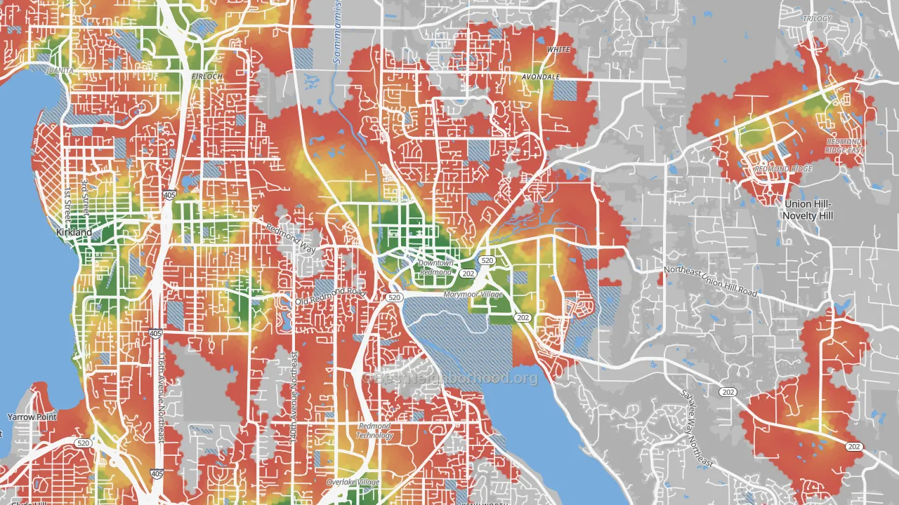 Walk Grade map of Redmond, WA, walkable areas in green and car-dependent areas in red