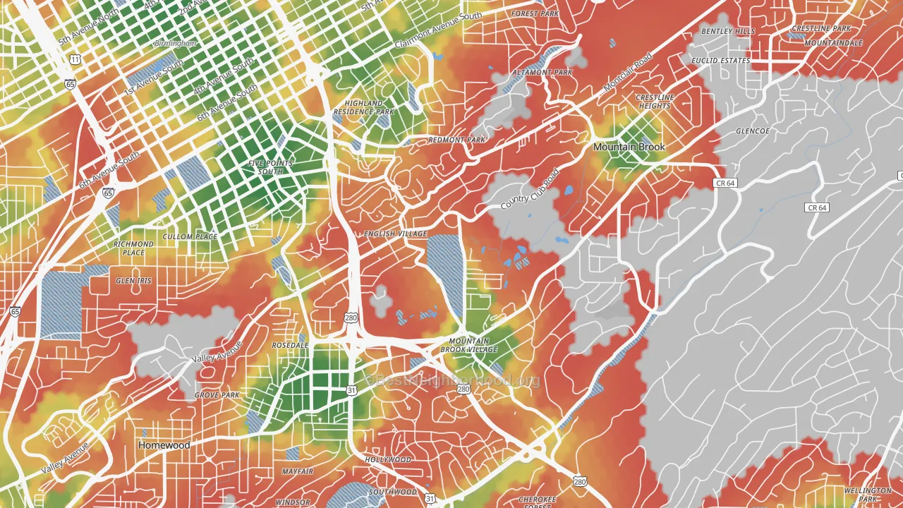 Walk Grade map of Redmont Park, Birmingham, AL, walkable areas in green and car-dependent areas in red