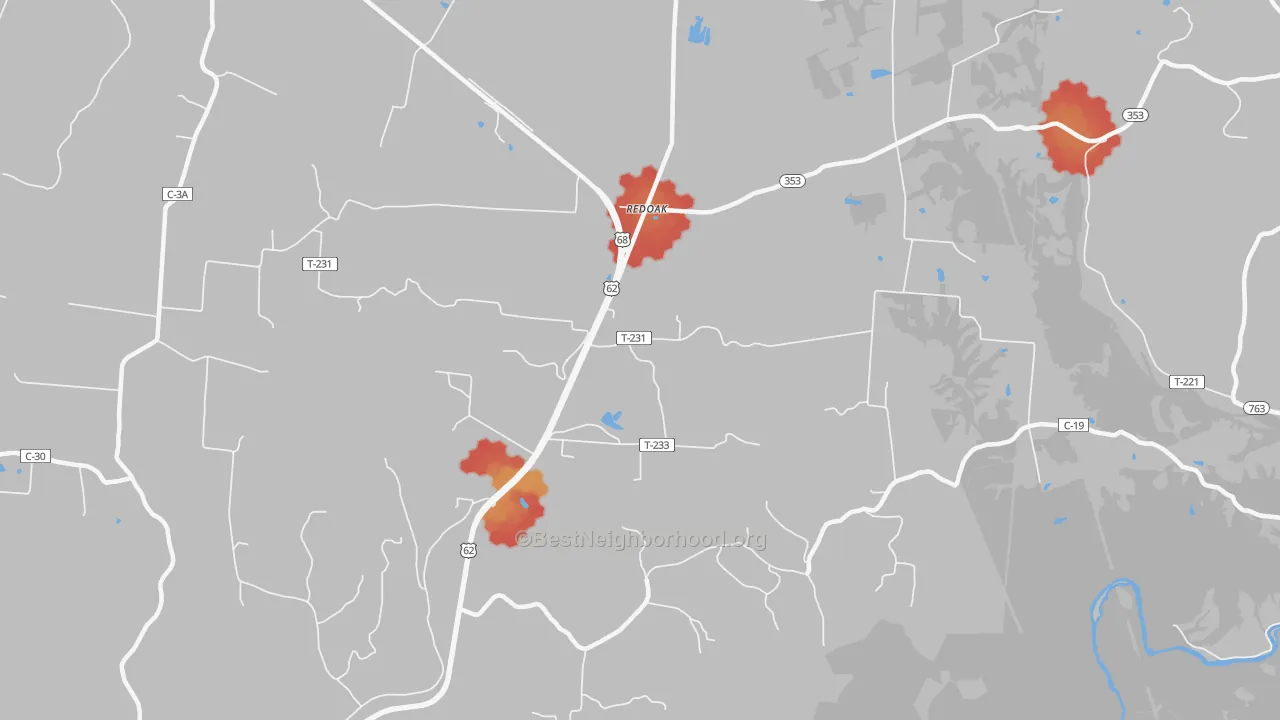 Walk Grade map of Redoak, OH, walkable areas in green and car-dependent areas in red