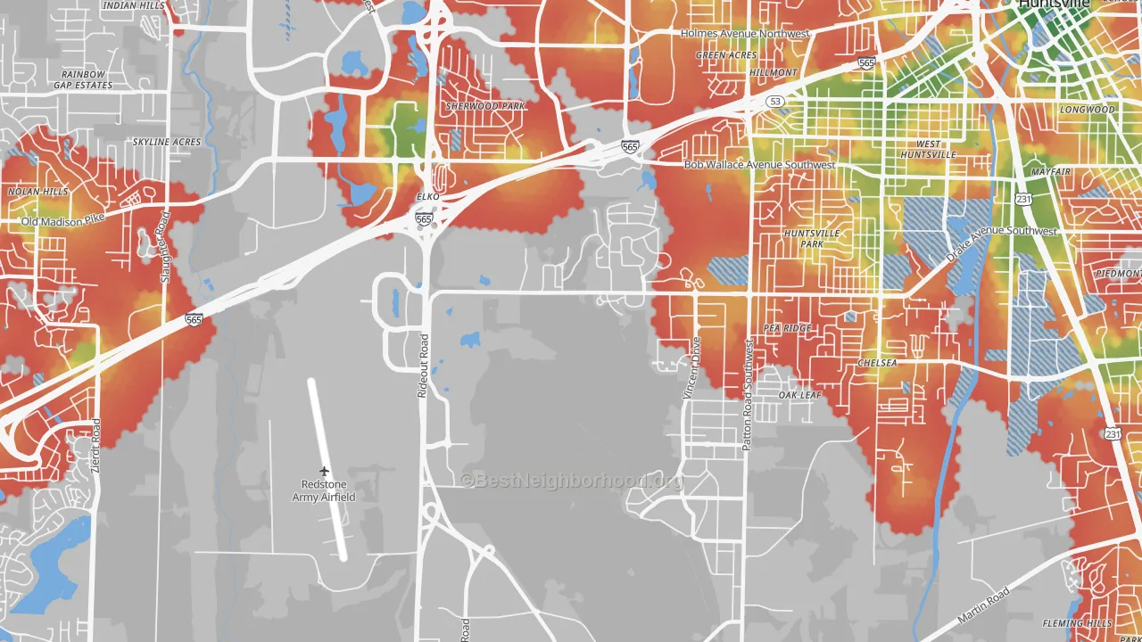 Walk Grade map of Redstone Arsenal, AL, walkable areas in green and car-dependent areas in red