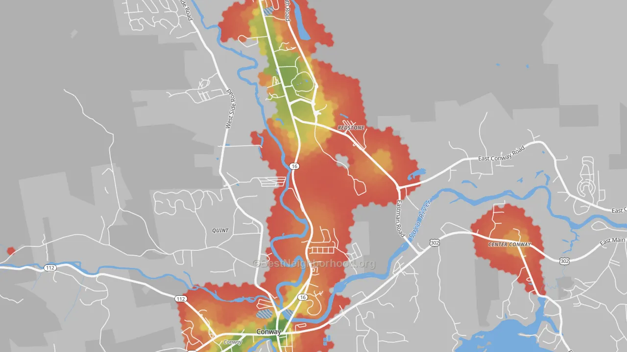 Walk Grade map of Redstone, NH, walkable areas in green and car-dependent areas in red