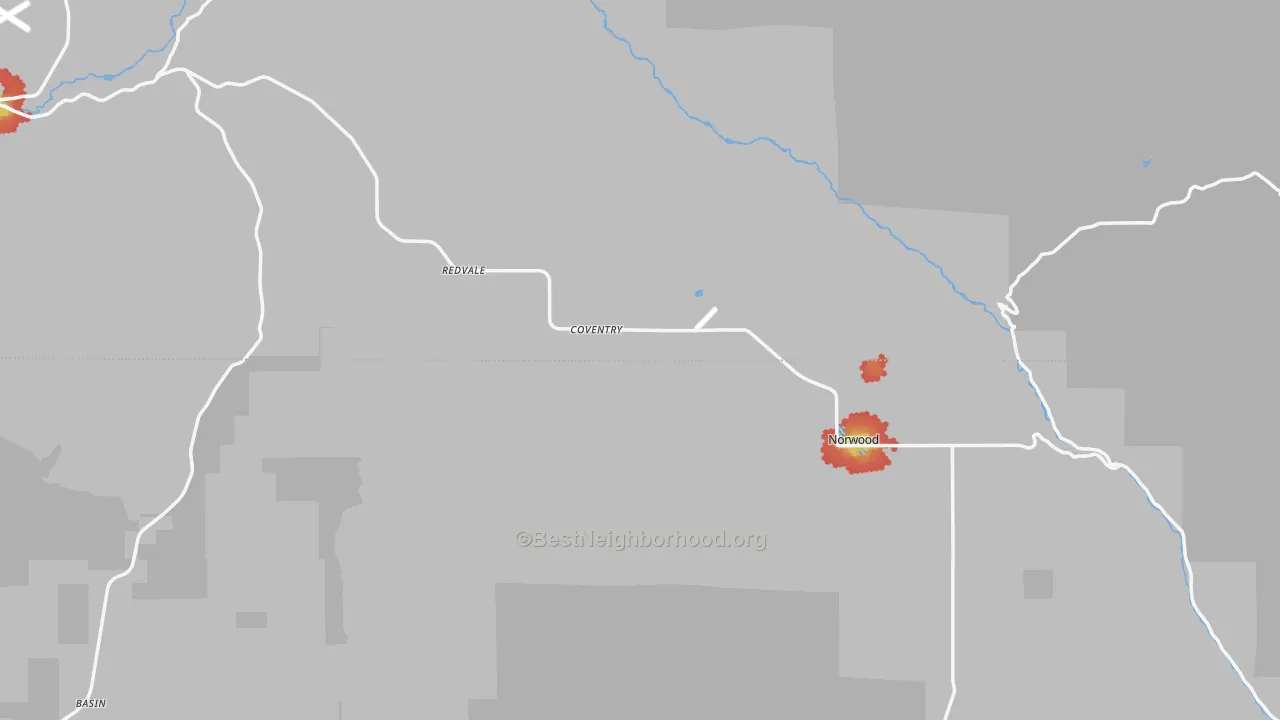 Walk Grade map of Redvale, CO, walkable areas in green and car-dependent areas in red
