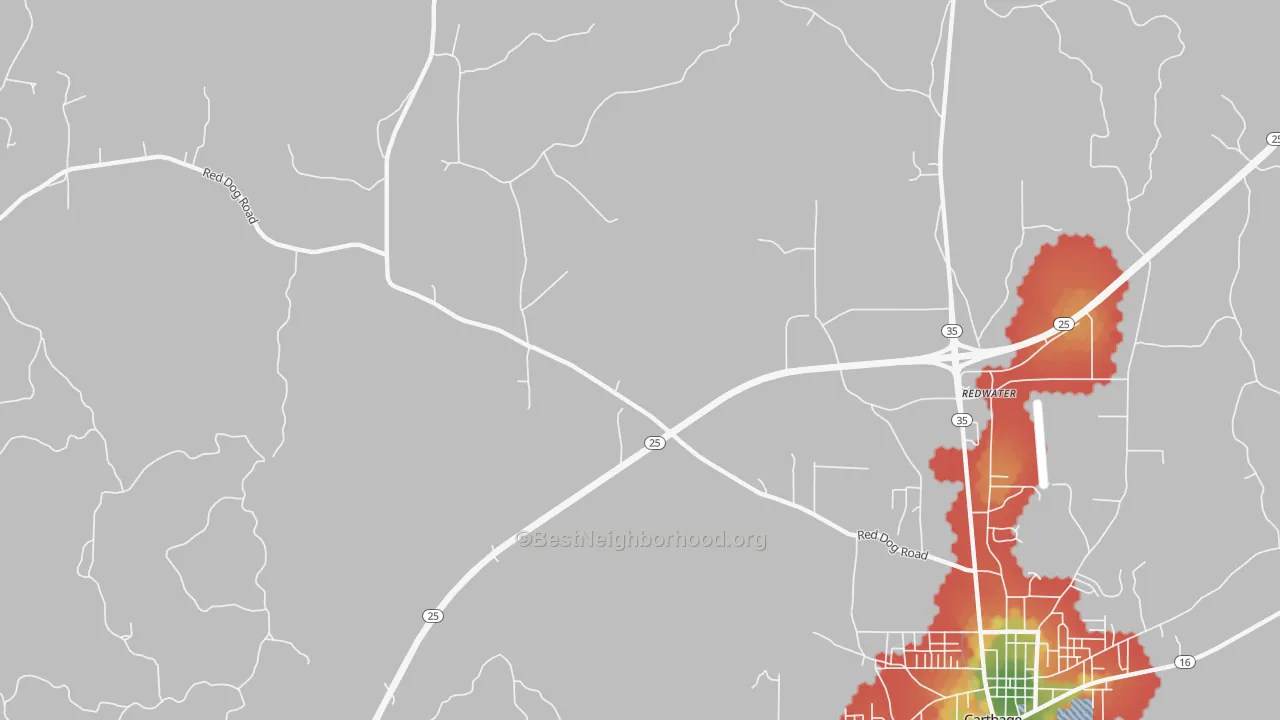 Walk Grade map of Redwater, MS, walkable areas in green and car-dependent areas in red