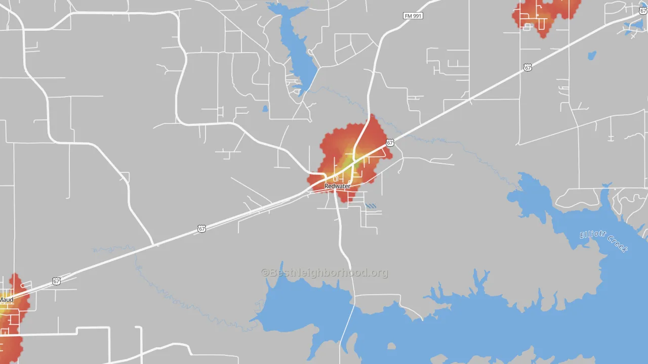 Walk Grade map of Redwater, TX, walkable areas in green and car-dependent areas in red