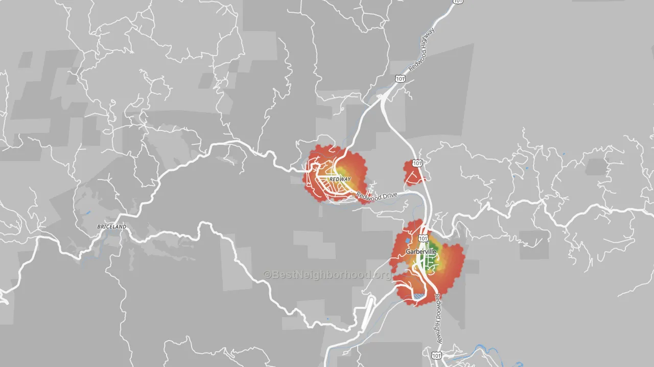 Walk Grade map of Redway, CA, walkable areas in green and car-dependent areas in red