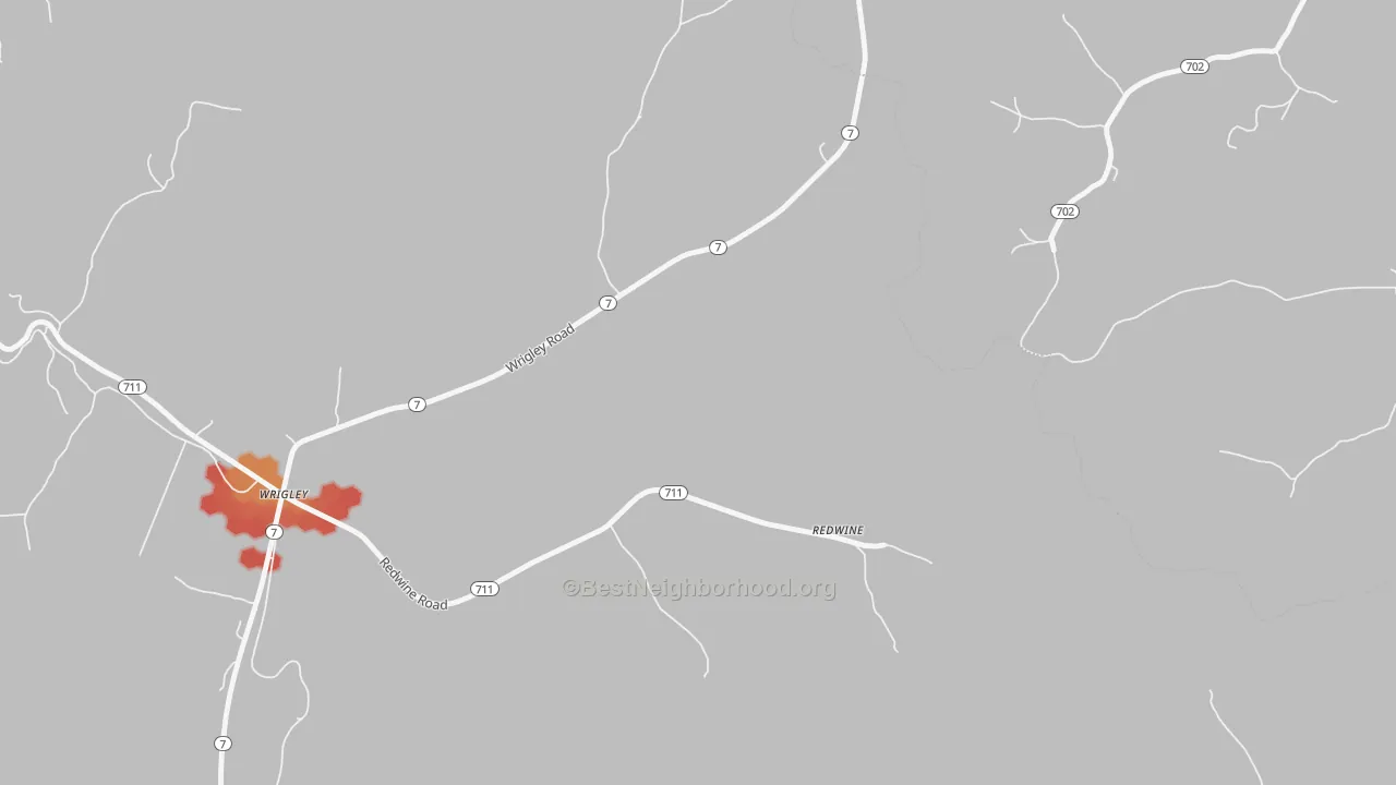 Walk Grade map of Redwine, KY, walkable areas in green and car-dependent areas in red
