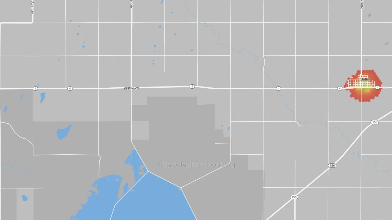 Walk Grade map of Redwing, KS, walkable areas in green and car-dependent areas in red