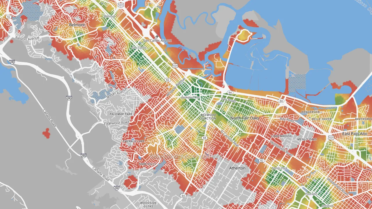 Walk Grade map of Redwood City, CA, walkable areas in green and car-dependent areas in red